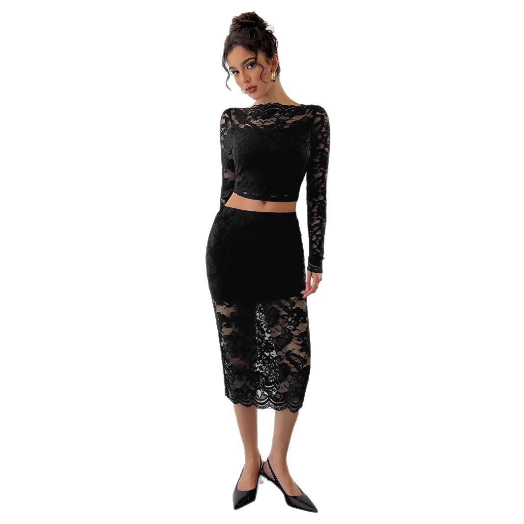 Women's Lace Jacquard Semi-transparent Skirt Suit