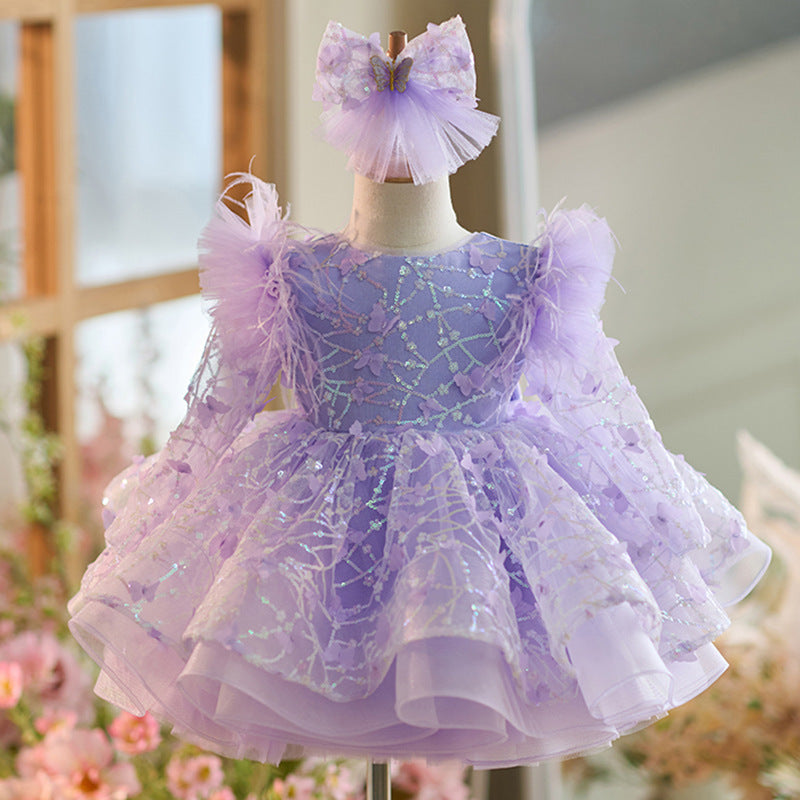 Butterfly Sequined Long Sleeve Princess Dress For Children