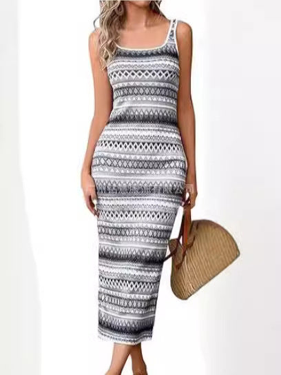 Robe décontractée à rayures sans manches et col carré pour femme