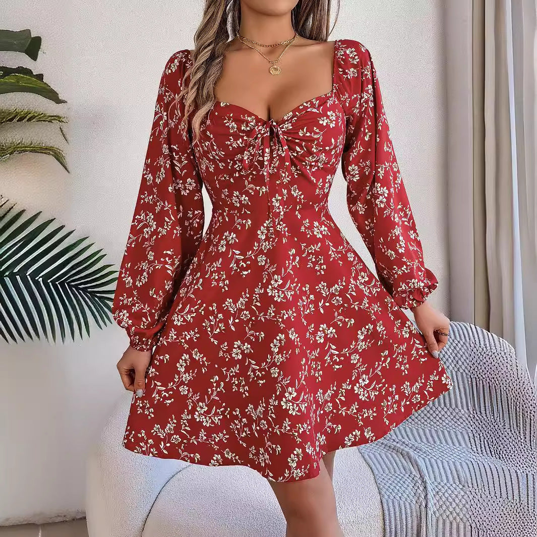 Robe à imprimé floral à manches lanternes, décontractée et sexy, col carré, manches longues, coupe trapèze, vêtements pour femmes
