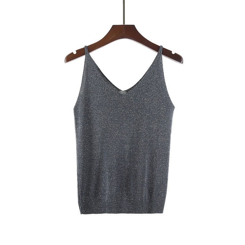 V-neck suspender knitted glitter vest