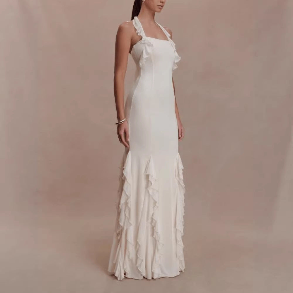 Fashionable Solid-Colored Halterneck Ruffled Sexy Backless Party Dress For Women
