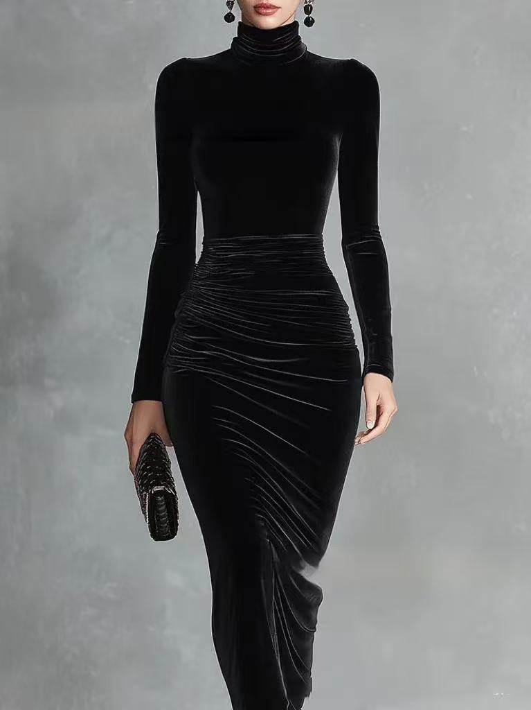 Black Velvet Half Turtleneck Dress Women