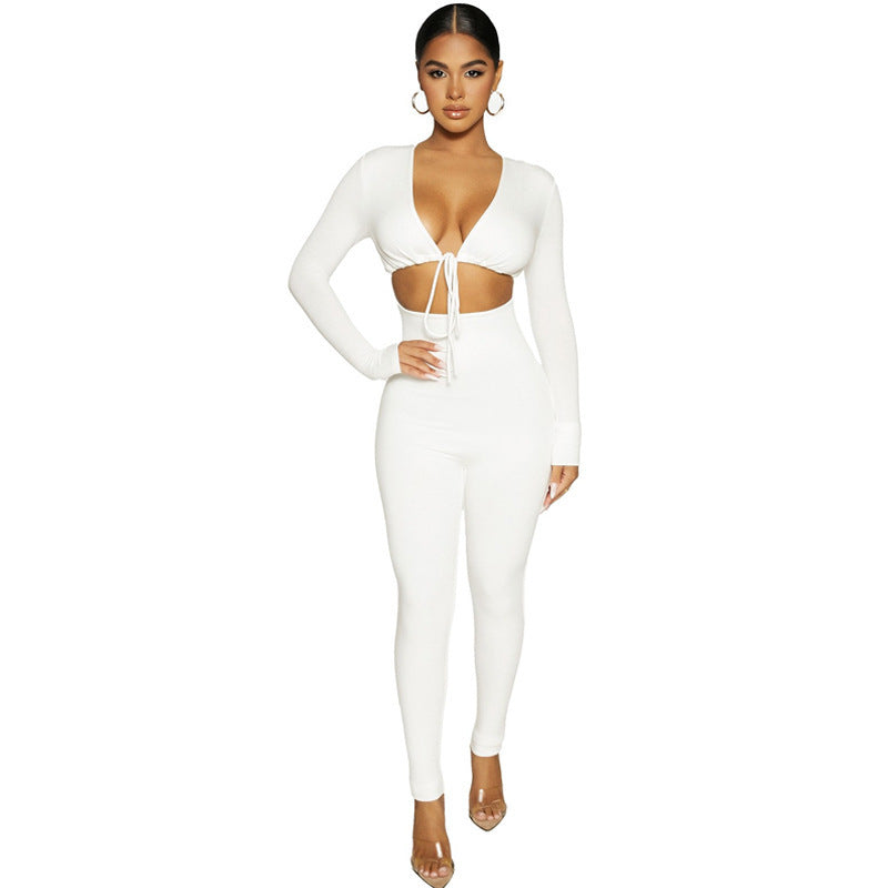 Solid Color Lace-up Hollow Long-sleeved Skinny Jumpsuit