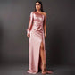 Diagonal Collar Raglan Sleeve Pleated Waist Tight Split Long Dress