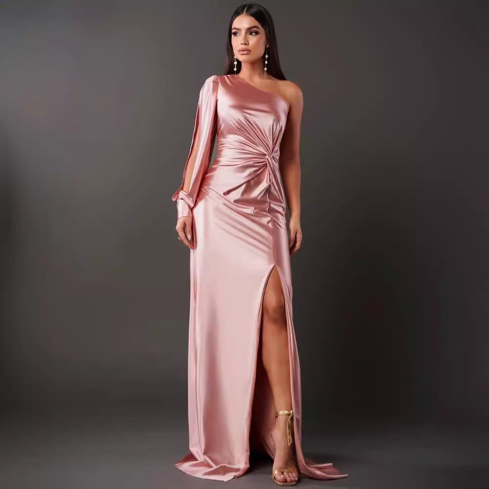 Diagonal Collar Raglan Sleeve Pleated Waist Tight Split Long Dress