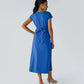 Solid Color Overlapping V-neck Short Sleeve Side Pocket Lace-up Quick-drying Mid-length Casual Dress