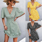 New V-neck Ruffle Waist-tight Smocking Dress