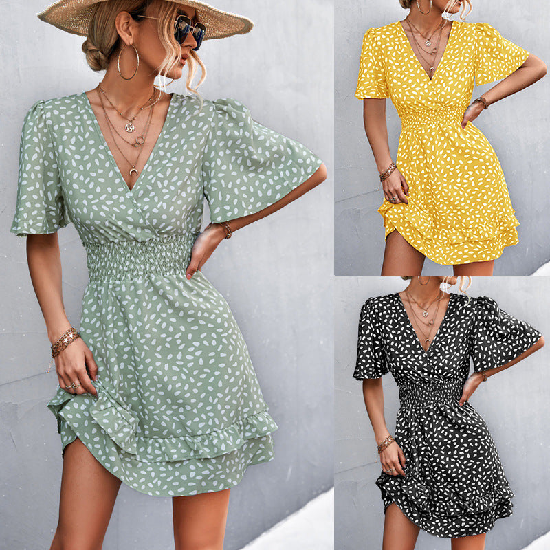 New V-neck Ruffle Waist-tight Smocking Dress