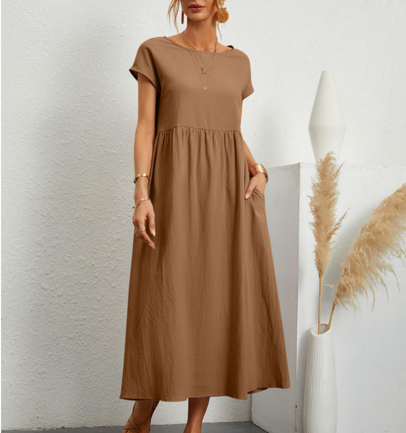 European And American Solid Color Sleeveless Loose Cotton Linen Pocket Dress