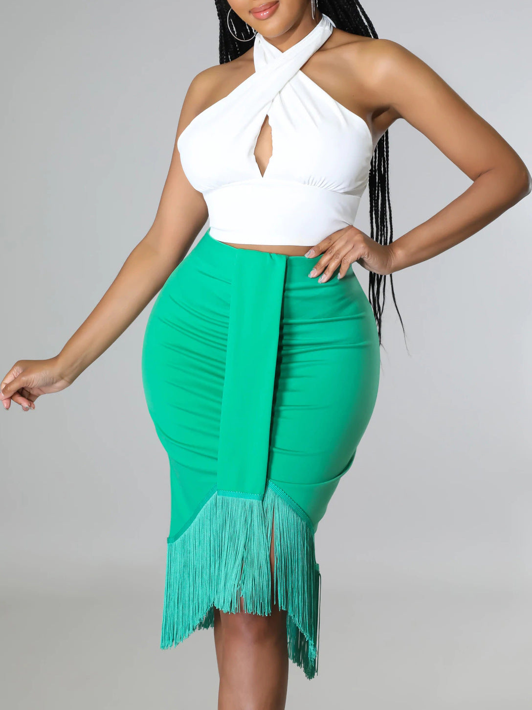 Short Top With Stylish Wrap-around Fringe Skirt Two-piece Set