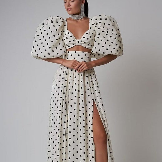 Seaside Vacation Polka Dot Split Top Mid-length Dress Set