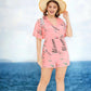 Women's Deep V Print Short Sleeve Waist Casual Siamese Shorts