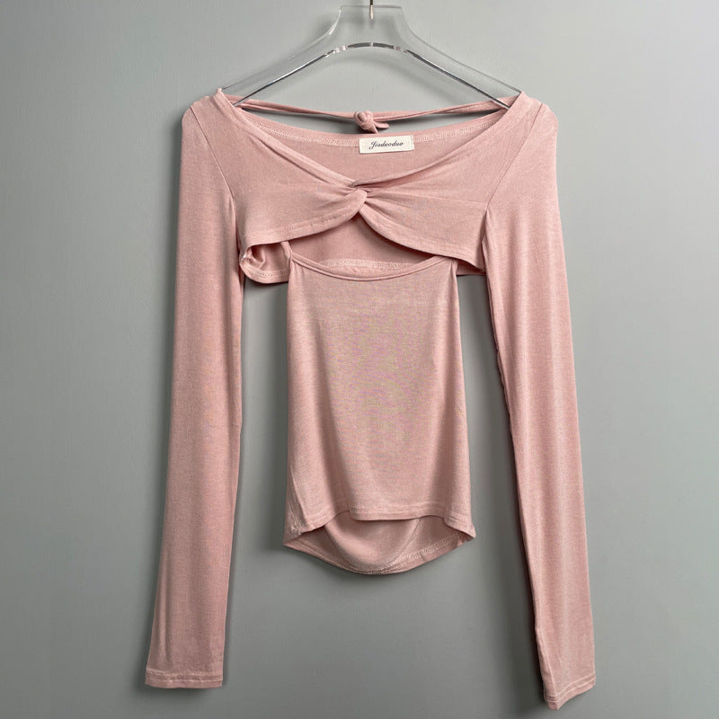 Autumn New Slightly See-through Thin Halter Spaghetti Straps Vest Long Sleeve Shawl Skinny Slimming Sets
