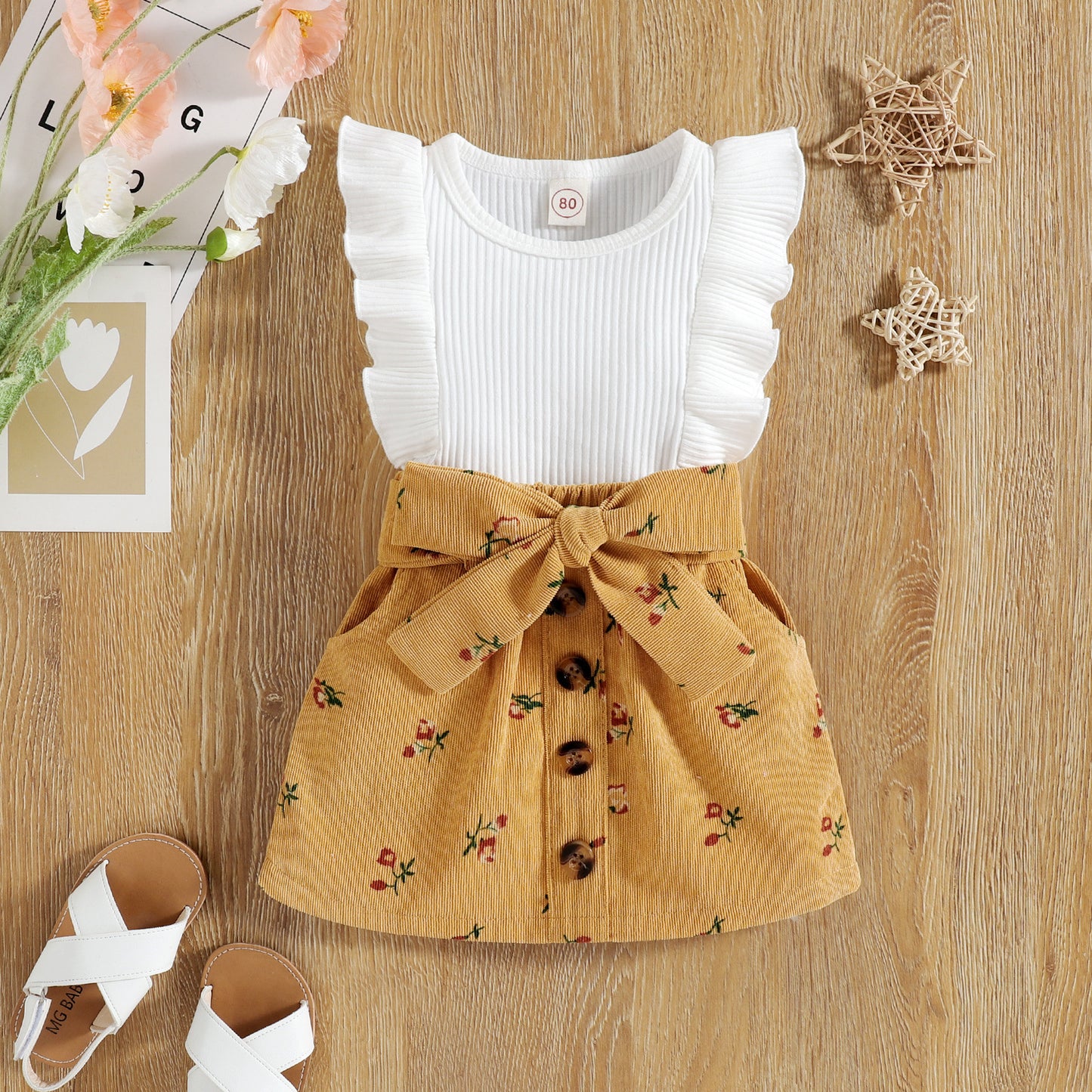 Pit Strip Flying Sleeves Floral Corduroy Skirt Two-piece Suit