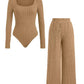 European And American Ladies Square Collar Solid Color Long Sleeve Tights