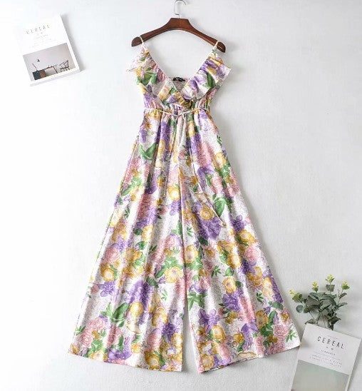 Dream Purple Print suspender Jumpsuit with ruffles