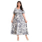 French-style Elegant Plus-size White Ink-wash Floral V-neck Short-sleeve Waist-cinched Maxi Dress