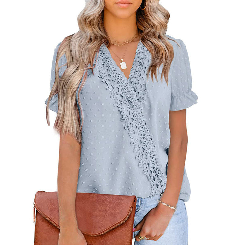Women's Chiffon Pompom Lace V-neck Short Sleeve Shirt