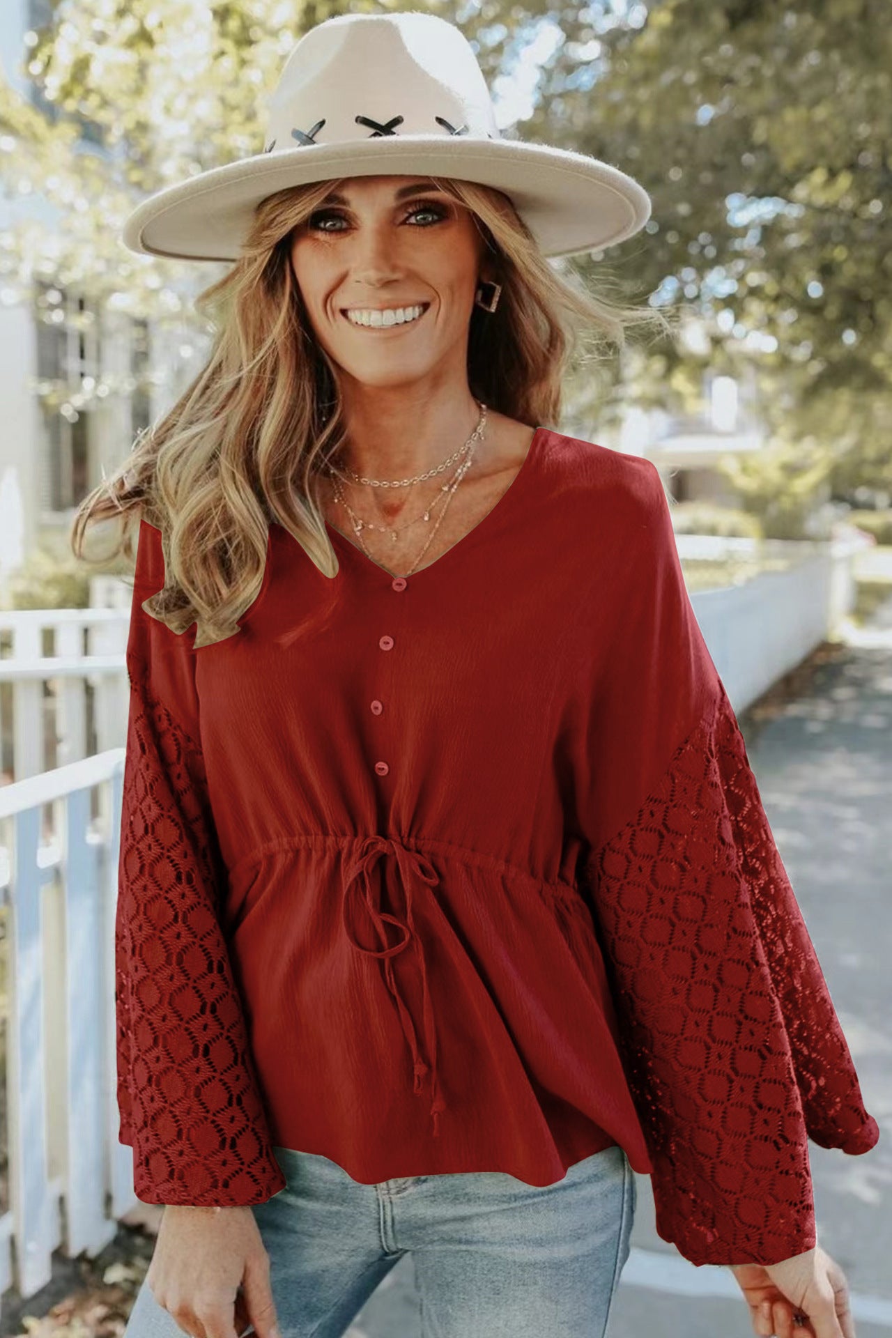 Women's Chiffon Buttoned Hollow Long Sleeve Shirt