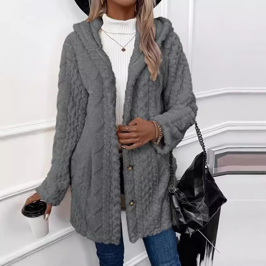 Cardigan à capuche boutonné, veste longue d'hiver, manteau à manches longues de couleur unie