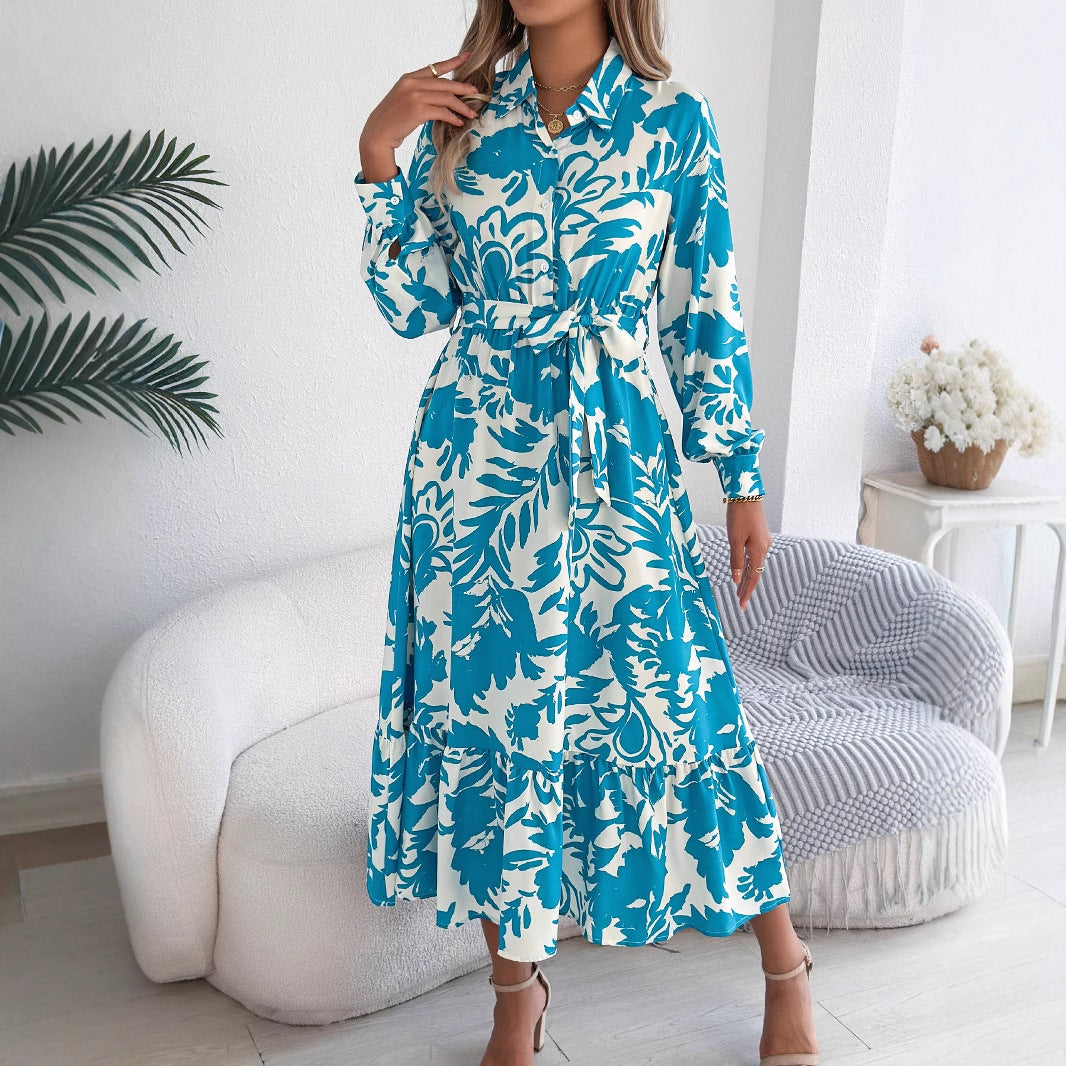 Women's Clothing Spring And Summer Leisure Flower Long Sleeve Shirt Skirt