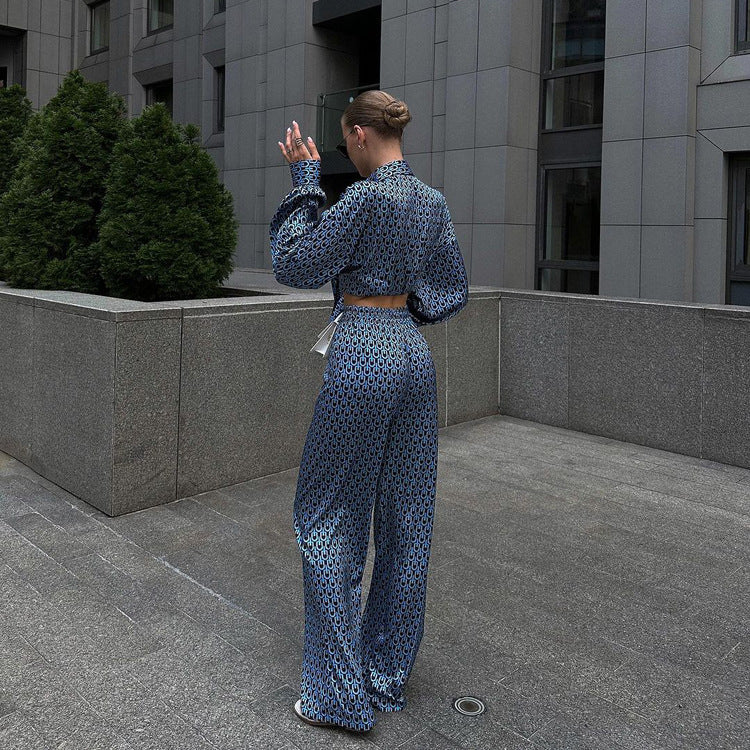 Printed Long Sleeve Lapel Shirt Drooping Wide-leg Pants Fashion Two-piece Suit