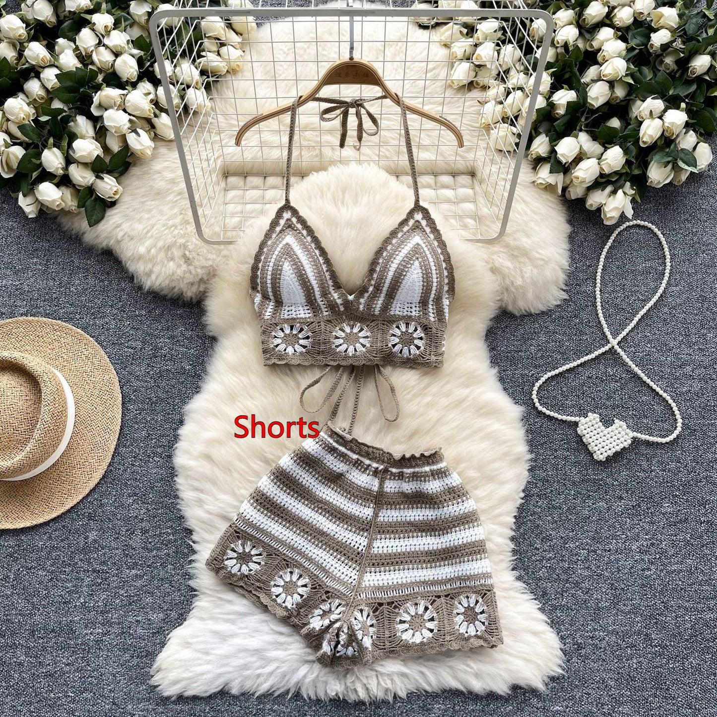 Cutout Crocheted Halter Strap Vest High Waist Knit Shorts