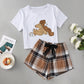 New Bear Printed Short-sleeved Top Lace Bow Printed Checks Shorts Home Wear Suit
