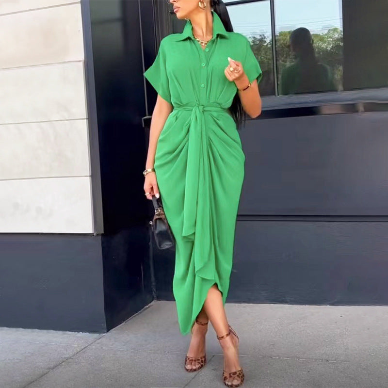 Robe pour femme, nouvelle robe élégante à col polo, mi-longue, manches courtes, simple boutonnage, taille haute