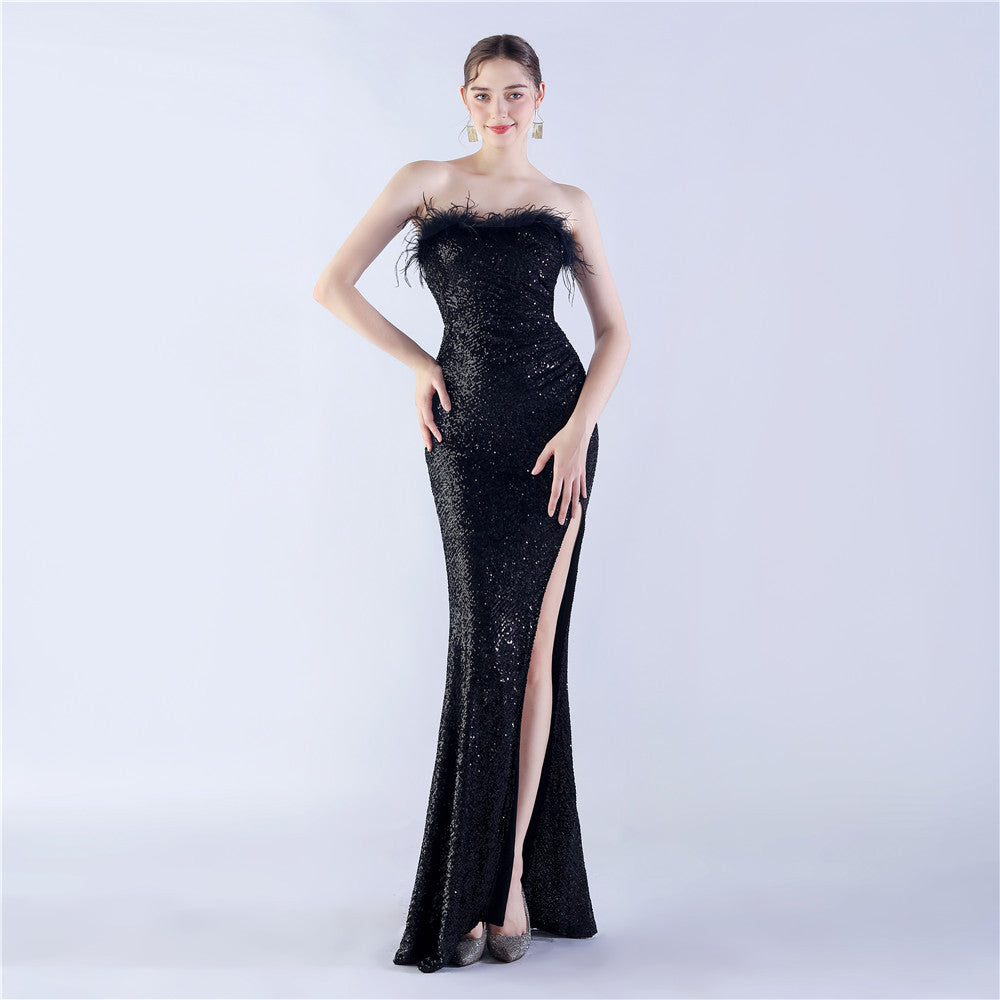 Robe de soirée haut de gamme en plumes d'autruche, rétractable, pliable et froissée