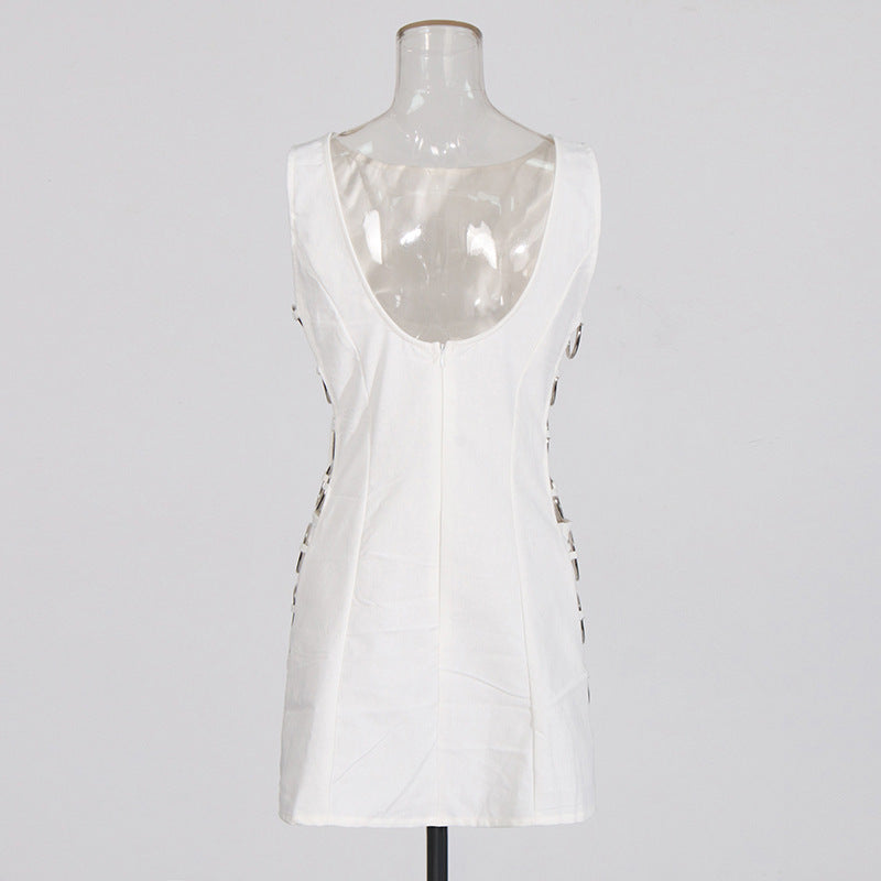 New Metal Decoration Seaside Vacation Style White Dress Female