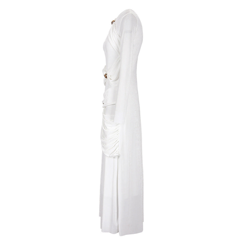 Robe plissée à manches longues et coupe ajustée pour femme avec nœud en métal