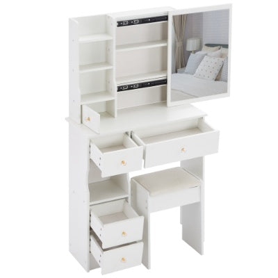29.2 Small Space Left Drawer Desktop Vanity Table  Cushioned Stool, Extra Large Right Sliding Mirror, Multi Layer High Capacity Storage, Practical Fashionable Dresser, Suitable For Small Space