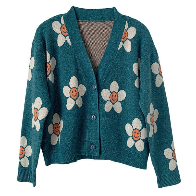 Interesting Flower Knitted Small Cardigan Jacket Preppy Style