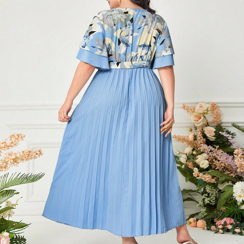 Printed V-neck Spliced Slim-fit Ladies Dress
