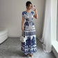 Womens Printed Elegant Simple Lace-up Round-neck Dress