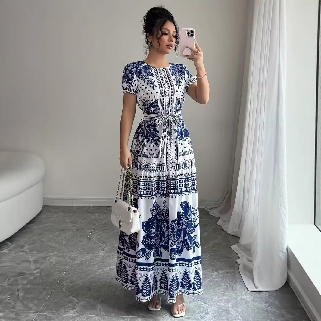 Womens Printed Elegant Simple Lace-up Round-neck Dress