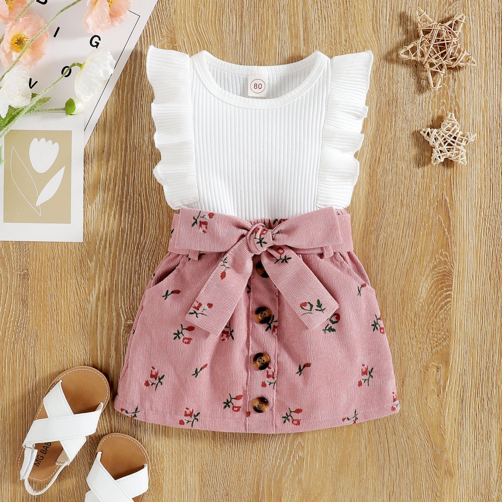 Pit Strip Flying Sleeves Floral Corduroy Skirt Two-piece Suit