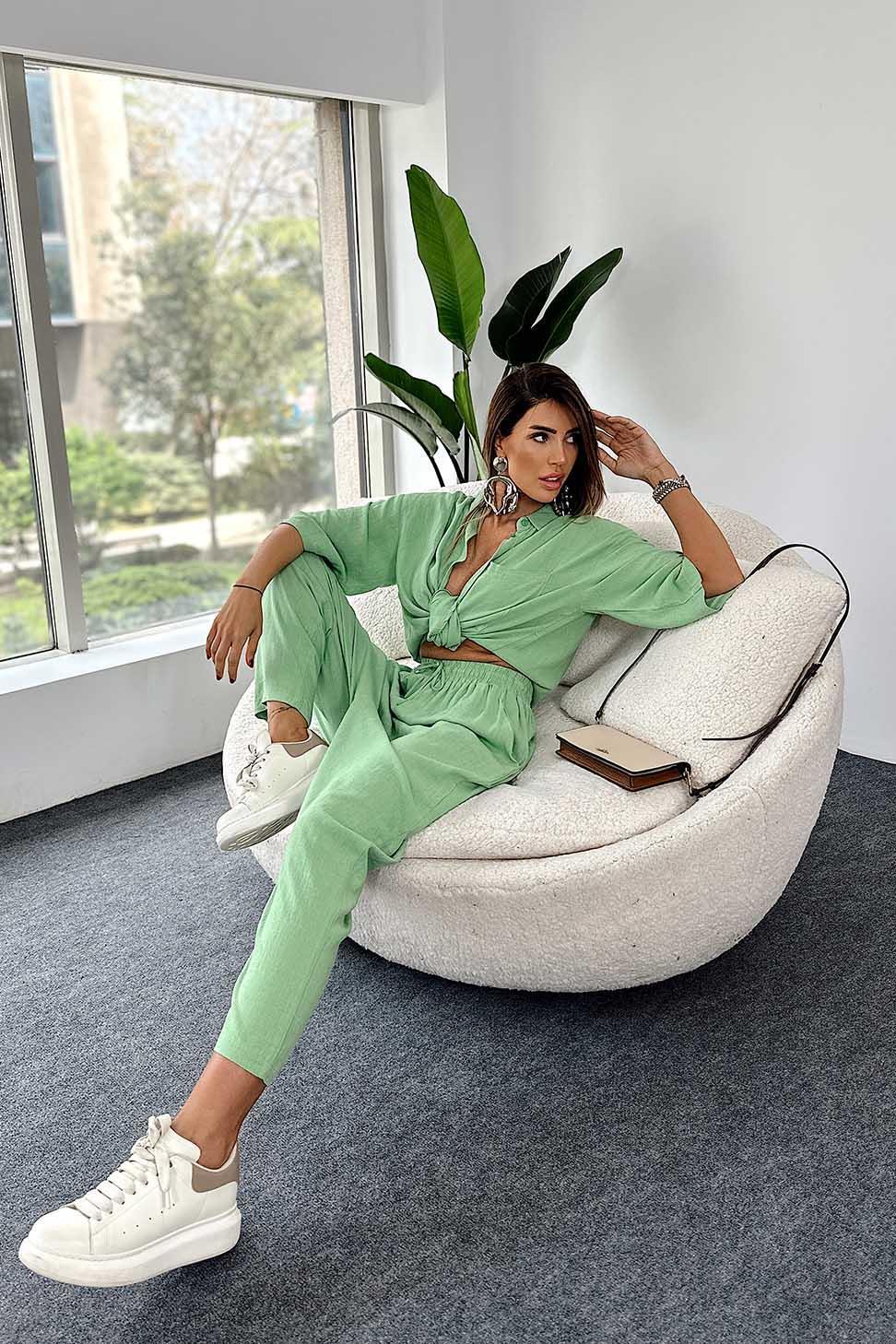 Split Sleeve Shirt Elastic Waist Pants Two Piece Set