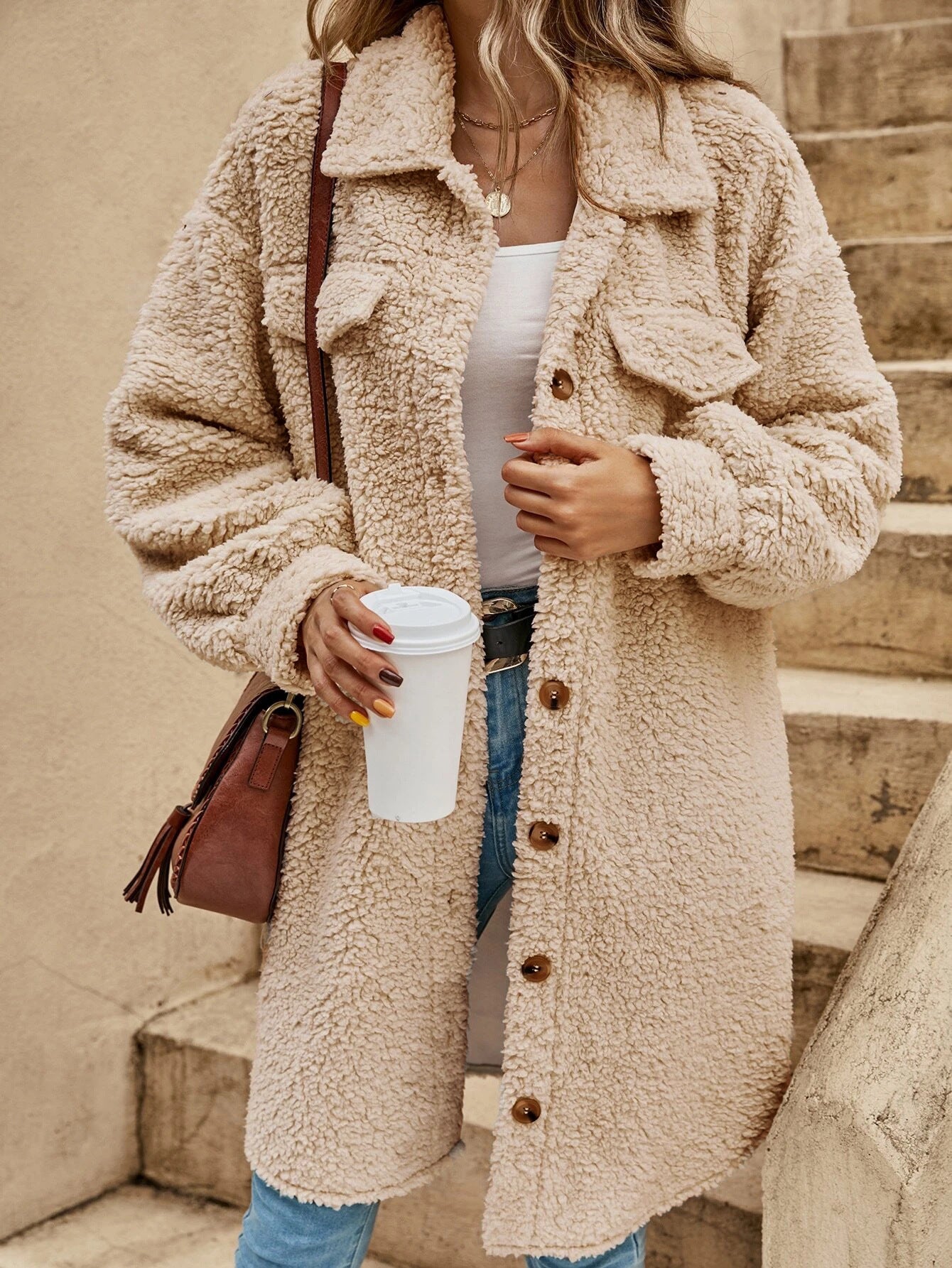 New European And American Winter Open Button Lapel Plush Coat Loose Long-cut Coat Women