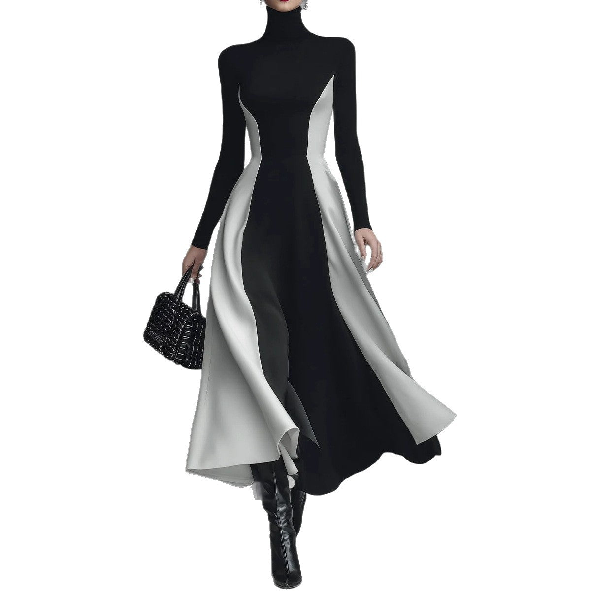 Color-Block Knitted Turtleneck Elegant Long-Sleeve Slim-Fit Dress