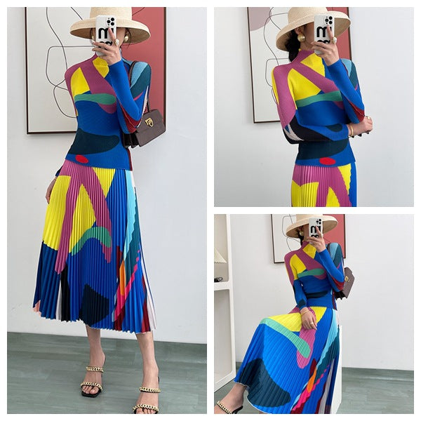 Geometric Pattern Fashion Pleated Women's Two-piece Set
