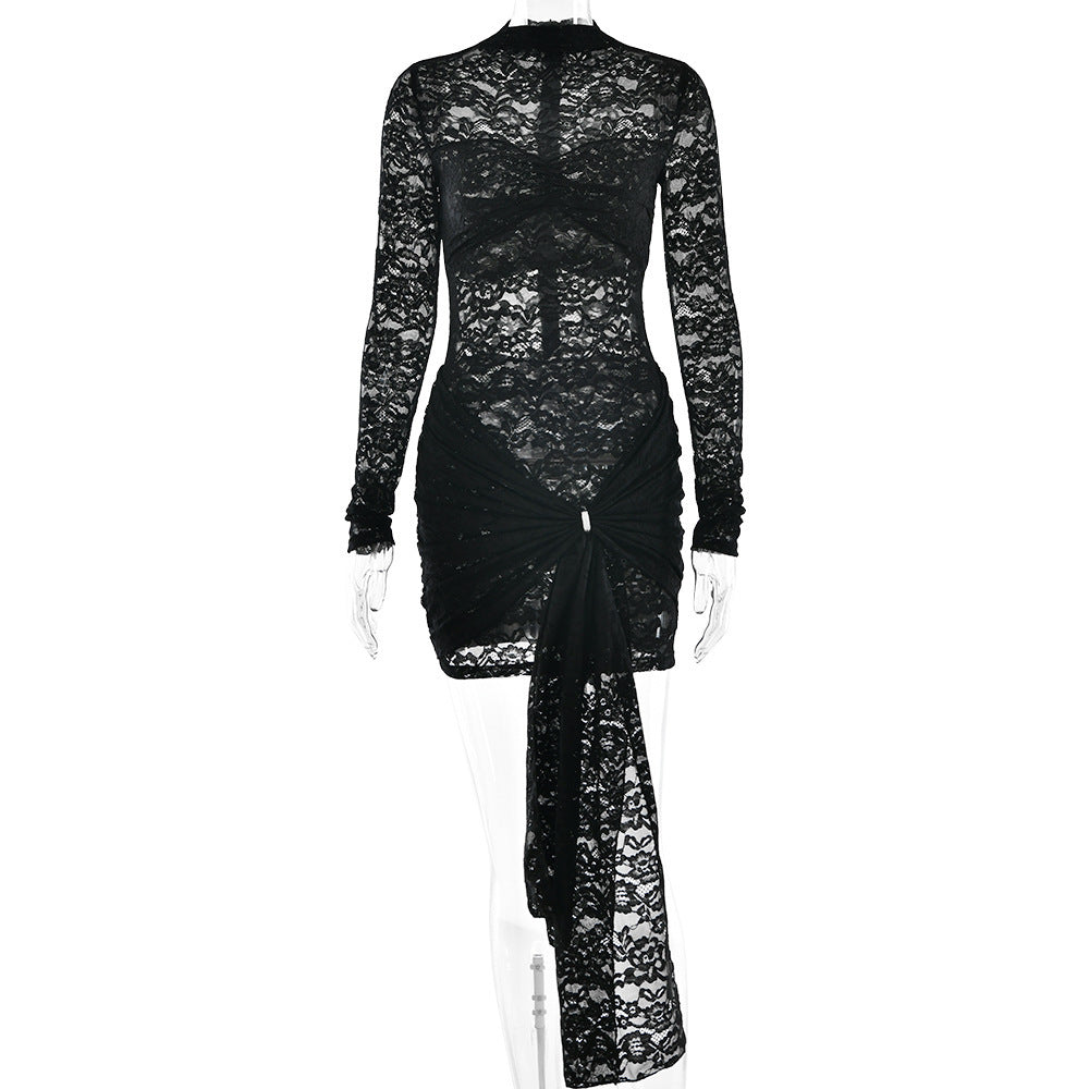 Robe en dentelle fine à manches longues et transparente pour femme