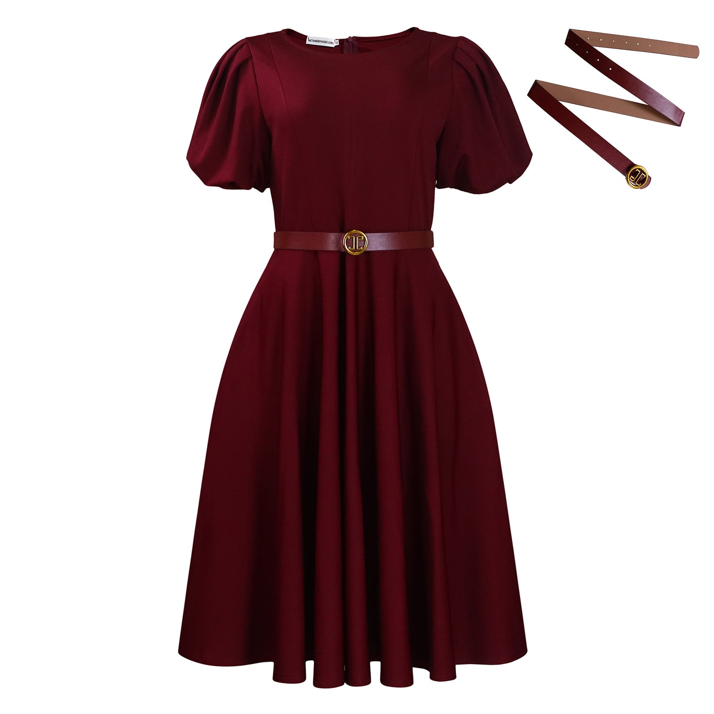 Elegant High-waisted Solid-color Round-neck Dress With Fashionable Balloon Sleeves
