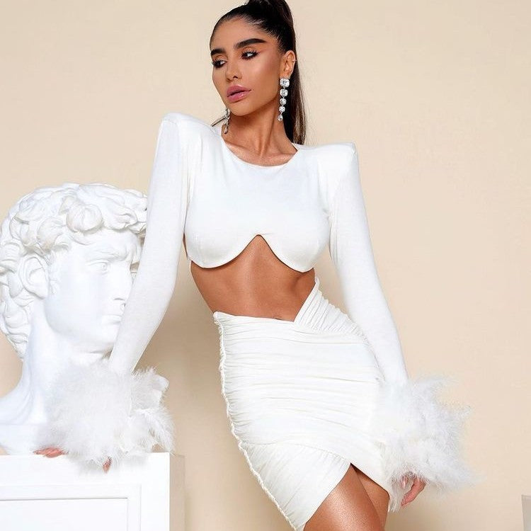 Women's Open-back Feather Long-sleeved Dress