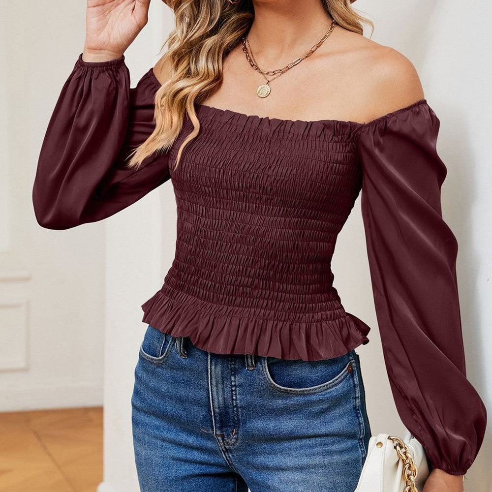 Women's Solid Color Square Collar Off-shoulder Slim Long Sleeve Top