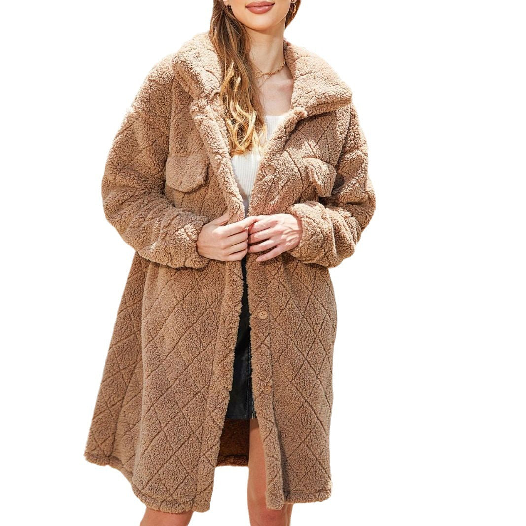 Women's Plush Loose Single-breasted Diamond Coat Overcoat