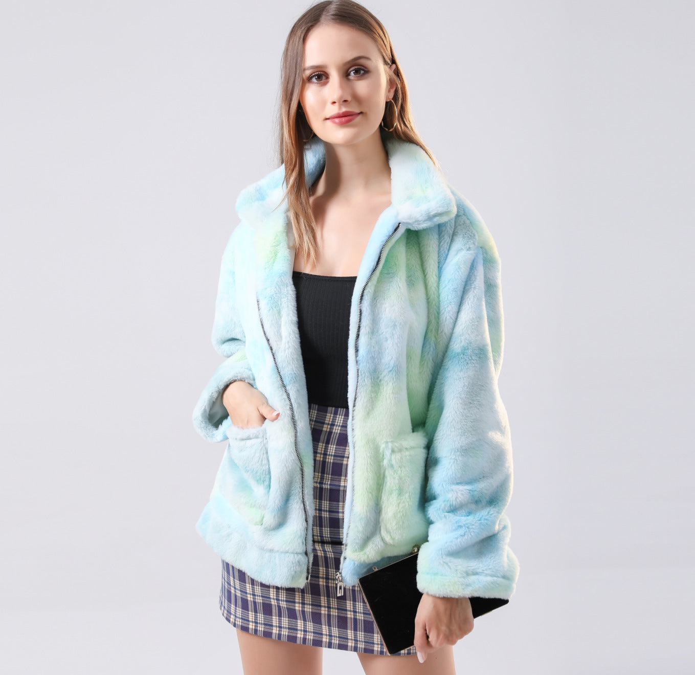 Women's plush color tie-dye long sleeve coat