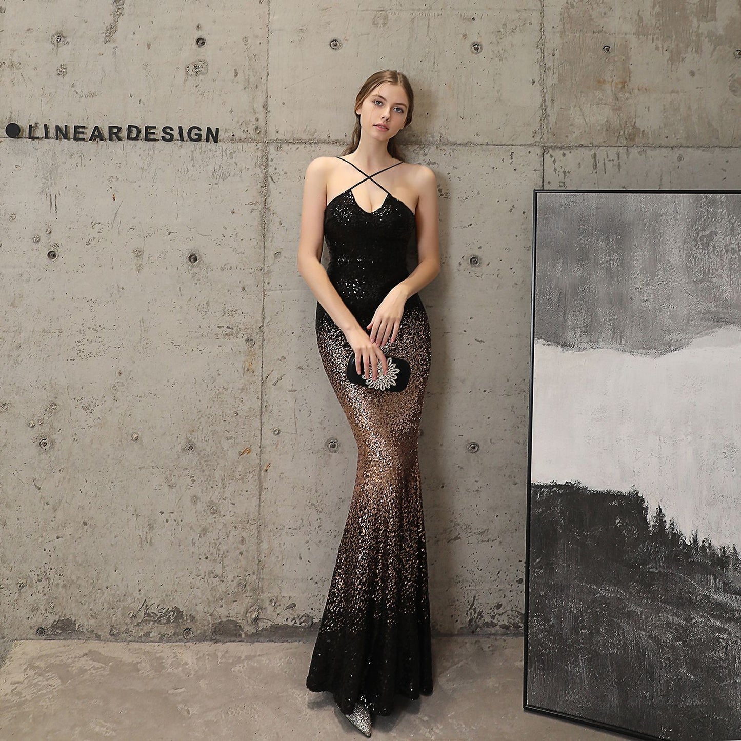 Robe de soirée à paillettes longue et ajustée en queue de poisson
